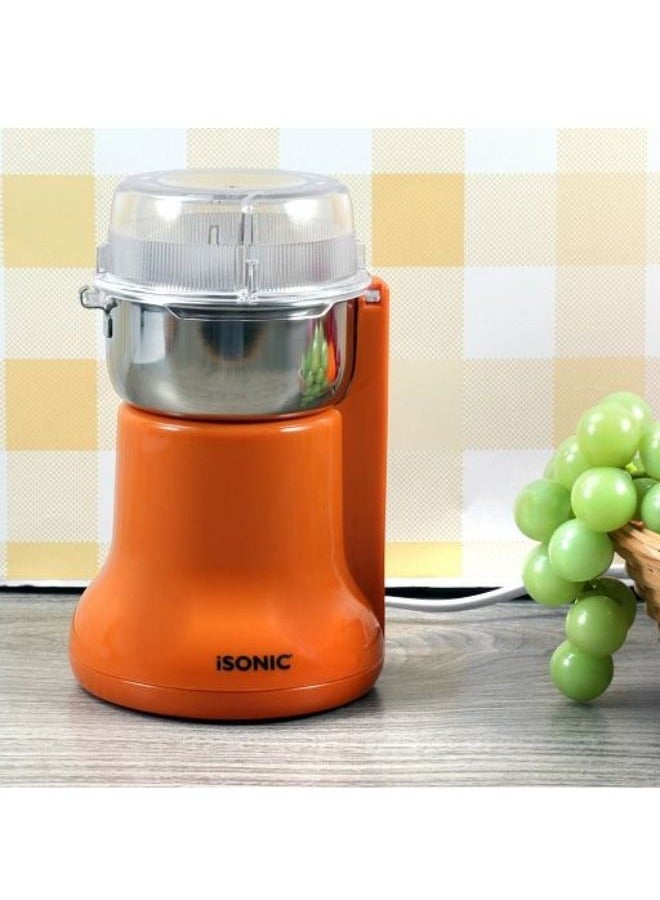 آي سونيك مطحنة قهوة 300 واط بكوب وشفرات من الفولاذ المقاوم للصدأ مع حماية من الحرارة الزائدة لطحن حبوب القهوة والتوابل والمكسرات، IG787، برتقالي - Image 4